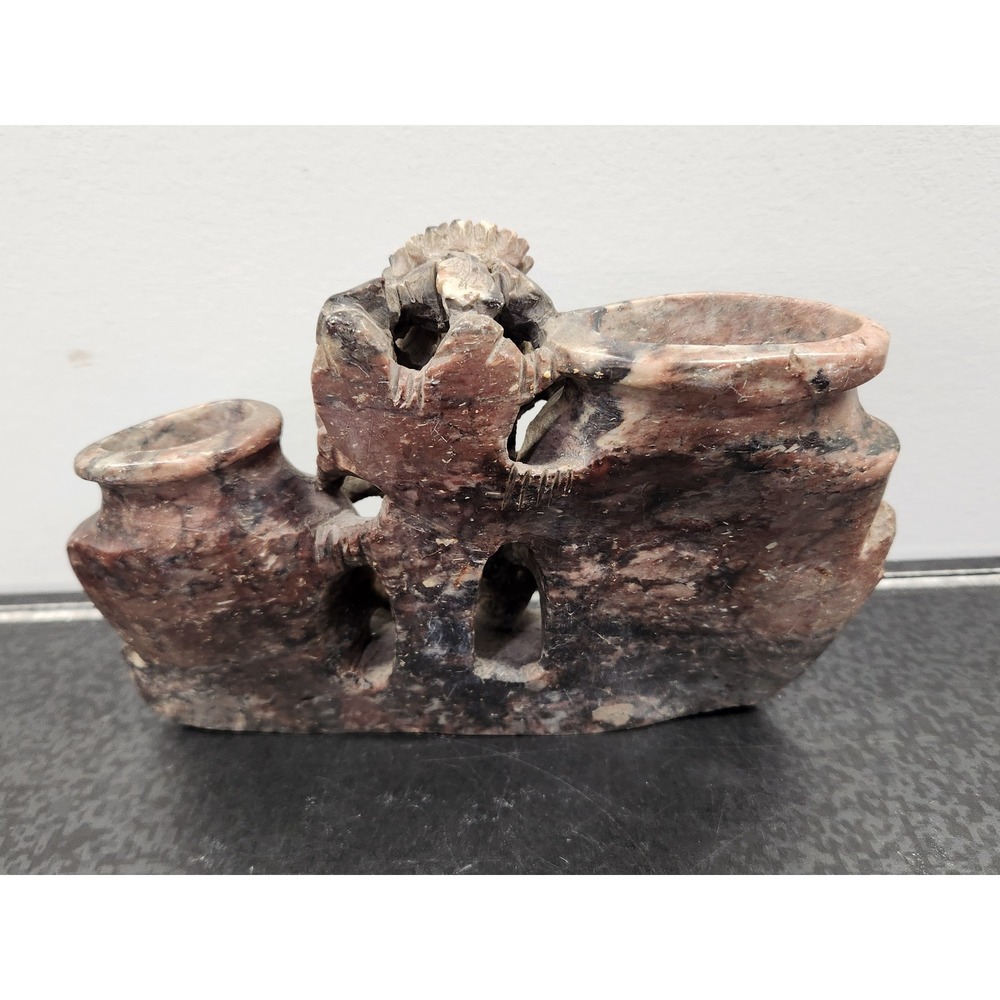 Vintage Soapstone Double‎ Vase Hand Carved Floral Chrysanthemum Chinese ~ Good - Picture 4 of 9